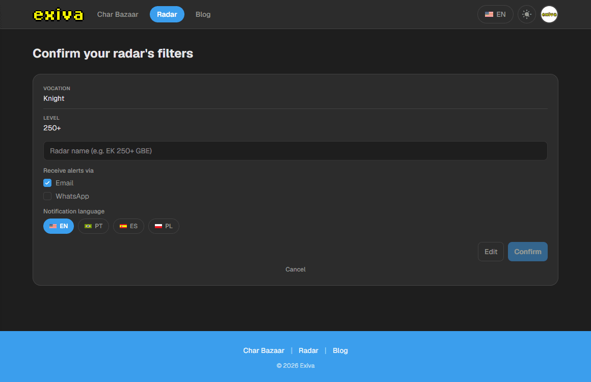 Radar confirmation screen with the filter summary, name, notification channels and language